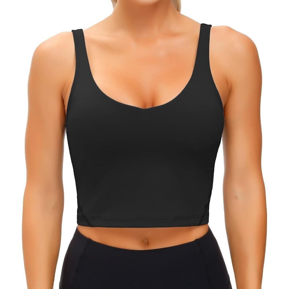 🆕Women Black Nylon Sport Bra Longline Padded Yoga Tank Top Fitness Workout Crop